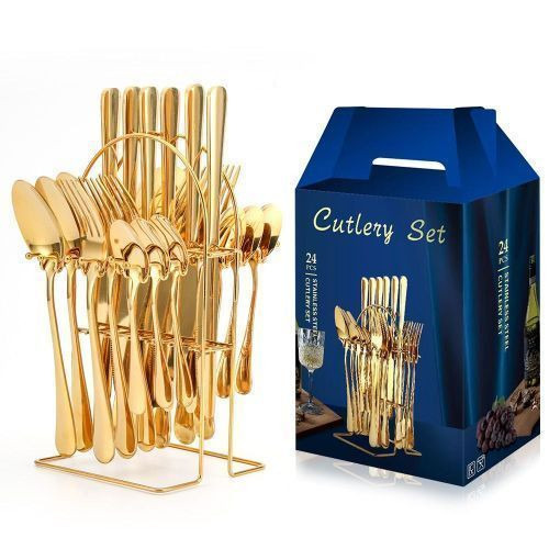 Gold Stainless Steel Spoons & Forks With RACK