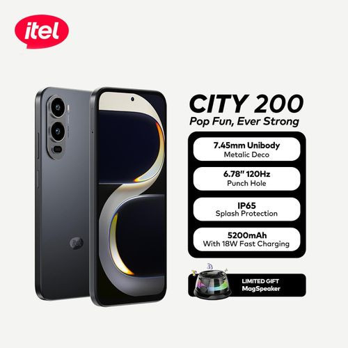 itel City 200 7.45mm" 128/4+4gb Unibody Metallic Deco 6.78" 120Hz IP65 5200mah Android Black