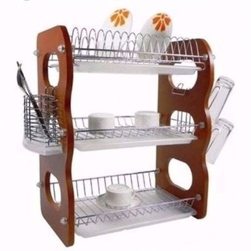 3 Layer Wooden/Stainless Dish Drainer With Utensils Holder