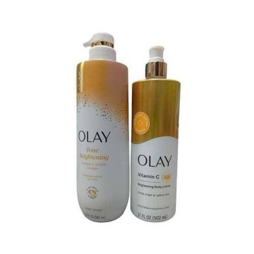 Olay Tone Brightening Body Wash and the Vitamin C Brightening Body Lotion.